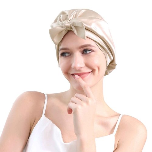 100% Mulberry Silk Bonnet for Sleeping Women, 22 Momme Grade-6A Double Layer Silk Hair Wrap for Hair Care with Elastic Stay On Head