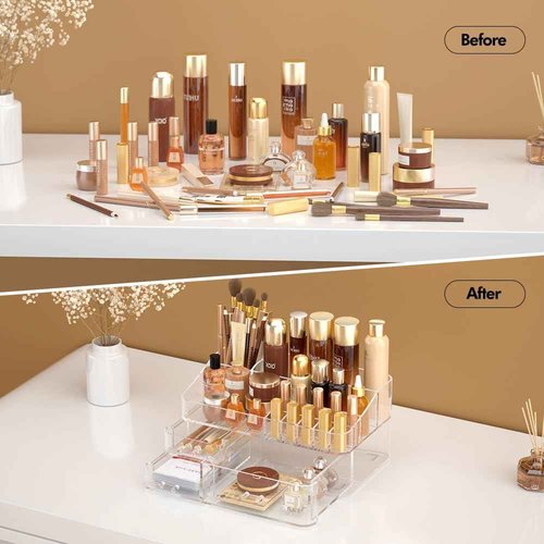 DALEMKY Makeup Organizer for Vanity, Acrylic Large Desk Organizer with Drawers, Ideal Vanity Holder for Cosmetics, Lipsticks, Nail Polish, Skincare, Countertop, Bathroom, Dresser