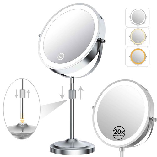 Erlingeryi 9" Magnifying Mirror with Lights 20X, Height Adjustable, Dimmable, Rechargeable, Chrome