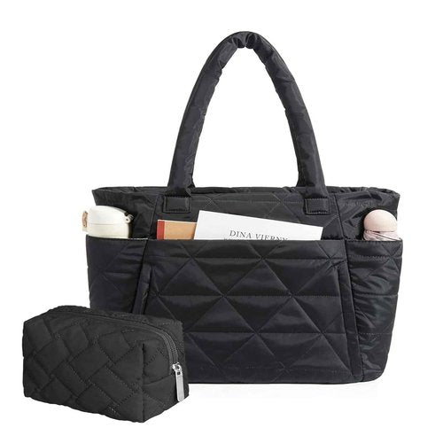 jiffordwind Personalized down handbag for women, lightweight handbag with compartments, wearing down makeup bag, suitable for work and travel (Black)