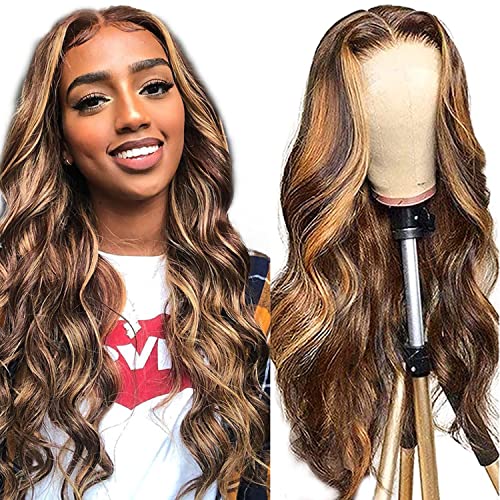 Highlight Ombre 13x4 Body Wave HD Lace Front Wig Human Hair Pre Plucked Transparent 4/27 Honey Blonde lace frontal Wigs with Baby Hair 150% Density Colored 22 Inch