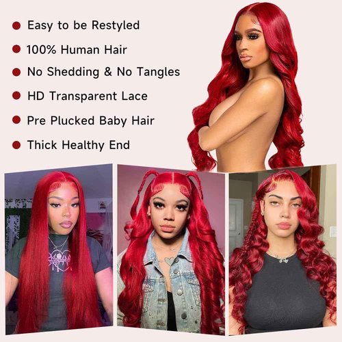 KEKEYY 28 Inch Red Lace Front Wigs Human Hair 200% Density HD Lace Front Wig 13x4 Body Wave Lace Frontal Wigs Human Hair Pre Plucked Red Wig