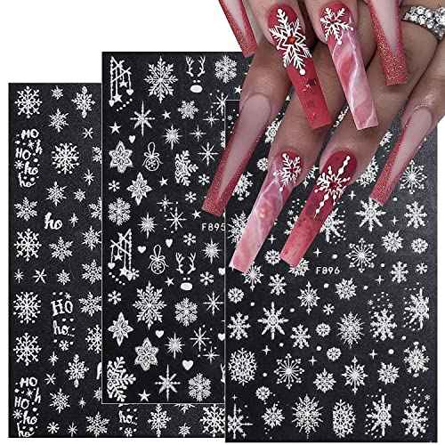 8 Sheets 3D Snowflake Nail Art Stickers Christmas Nail Decals Self-Adhesive White Glitter Snowflake Nail Stickers Reindeer Snowflakes Nail Design Winter Xmas Nail Decoration for Women Girls