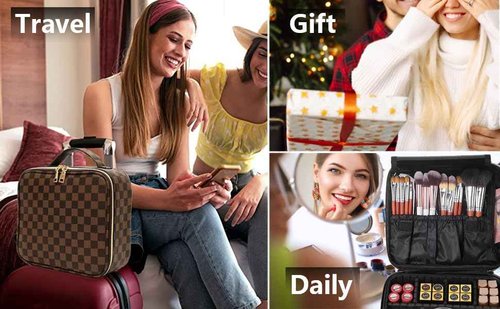 bopomofo Checkered Makeup Bag - Spacious Travel Cosmetic Organizer with Adjustable Compartments | Waterproof PU Leather Toiletry Bag for Women | Stylish Gift for Christmas, Birthdays, Valentine’s Day