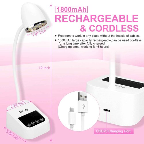 Mnhty U V LED Nail Lamp, Goose Neck Flash Cure Lamp 27W Rechargeable Mini U V Light for Gel Nails, Cordless Flash Cure Light with 3 Timers&Sensor, Fast Curing Gooseneck Lamps for Gel X, Snow White