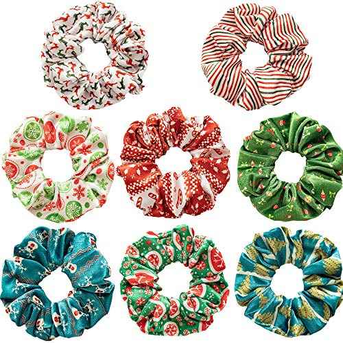 8 Pcs Christmas Scrunchies for Hair Elk Santa Claus Elastic Hair Bands Snowflake Christmas Tree Bow Hair Ties for Woman Girls, Glittery Ponytail Holders for Christmas Decoration Costume Party
