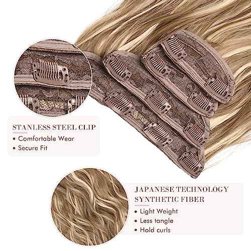 REECHO Hair Extensions, 4PCS Clip in Hair Extensions HE001 Natural Soft Synthetic Hairpieces for Women (20 Inch-200 Gram (Pack of 4), Dark Blonde with Light Blonde Highlights)