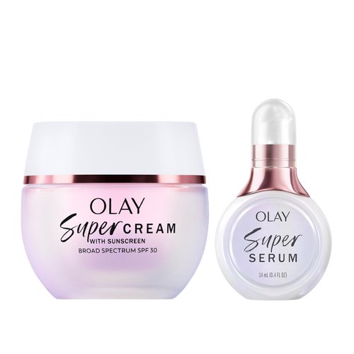 Olay Super Cream with Sunscreen SPF 30 (1.7 oz) + Super Serum Trial Size (0.4 oz) - Utimate Lightweight Face Moisturizer - Vitamin C & E, Hyaluronic Acid, Niacinamide - Hydrate, Smooth, Brighten