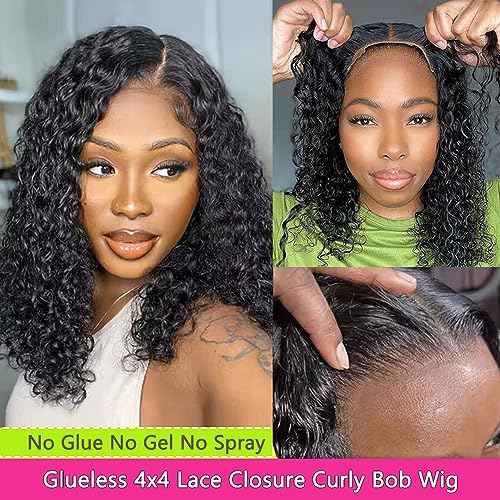 GOLFMAX Wear and Go Glueless Wigs Human Hair Pre Plucked Pre Cut Short Bob Wig Human Hair Wigs With Elastic Band For Black Women Deep Wave Curly 4x4 Closure Wig Water Wave Wigs 12 Inch
