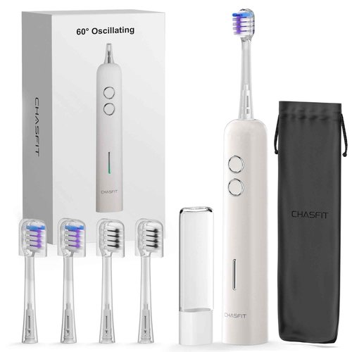 Electric Toothbrush Wave Oscillation & Vibration Sonic Tooth Brush for Adults BASS-Brushing Technique Travel Rechargeable Toothbrushes 4 Soft Bristle Replace Heads IPX7 Gifts for Men Women White