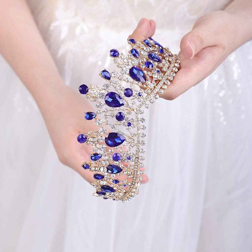 Wekicici Wedding Crown Emerald Crystal Rhinestone Tiara Blue Bridal Princess Tiara Headbands Hair Accessories for Bride Party Bridesmaids Birthday Prom Halloween Costume Cosplay Gifts(Blue)