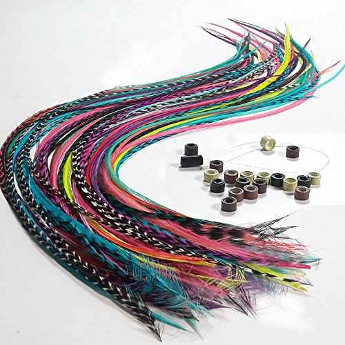 20 Real Feathers Hair Extension Kit - Assorted Colors, Long Natural Thin Feathers, 7¡±-13¡± Length, 100% Real Rooster Feathers