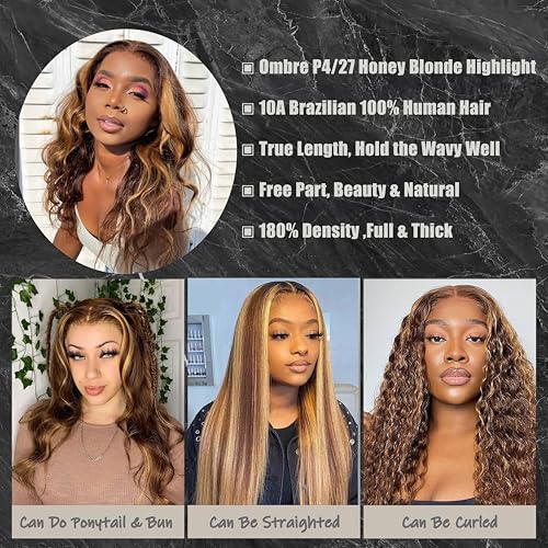 Highlight Ombre Lace Front Wigs Human Hair Pre Plucked 13x4 Body Wave Frontal Wigs 4/27 Colored Honey Blonde 180 Density Glueless HD Transparent Lace for Black Women 26 Inch