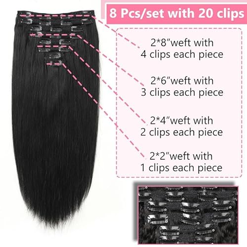 ShowJarlly Clip in Hair Extensions Real Human Hair 22 Inch Straight Clip Ins 8 Pcs Brazilian Remy Hair Extensions for Women Jet Black 110g (#1 Jet Black)