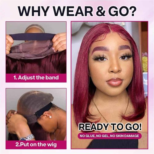 Ailwelia Wear and Go Glueless Bob Wig Human Hair 200% Density 5x5 HD Lace Closure Wigs For Black Women Glueless 5x5 Closure Wigs Human Hair Pre Plucked Bob Burgundy Color 14 Inch