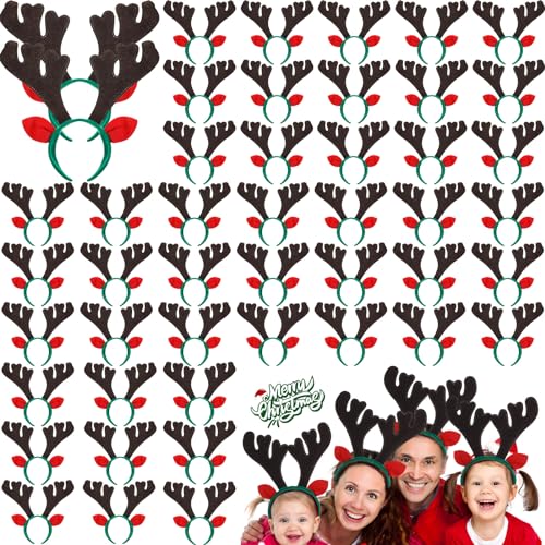 Zubebe 48 Pcs Christmas Reindeer Antlers Headbands with Ears Antler Xmas Elk Deer Headpiece Photo Booth Props Decoration for Holiday Adults Kids Xmas Costume Cosplay Party Favors Supplies