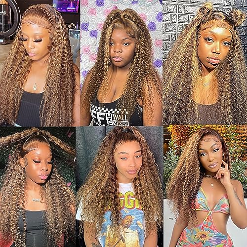 Highlight Lace Front Wig Human Hair 13x6 Deep Wave Wig Brazilian Ombre Honey Blonde Color Wig Human Hair Pre Plucked with Baby Hair Wet and Wavy Deep Curly Wigs for Black Women 180% Density (24 Inch)