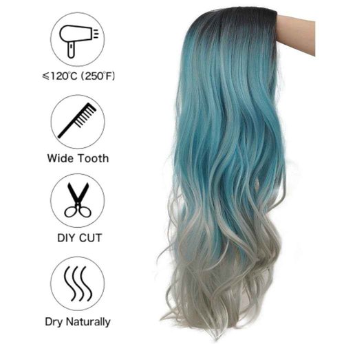 Siudus Ombre Blue Curly Wigs for Women Dark Root Long Wavy Middle Part Hair Wig Heat Resistant Fibre Cosplay Costume Halloween Wig
