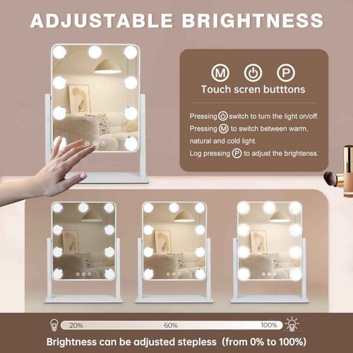 Leadzones Hollywood Vanity Mirror with Lights,Tabletop Makeup Mirror with 9 LED Lights Smart Touch Control 3 Colors Light 360°Rotation Detachable 10X Magnification