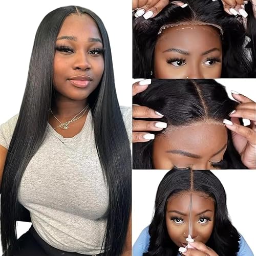 26 Inch Straight Human Hair Glueless Wigs 100% Human Hair Bleached Knots Upgraded Lace Front Wigs Pre Cut Straight 6x4 Glueless Lace Closure Wigs for Women 180% Density Invisible Melt Skin