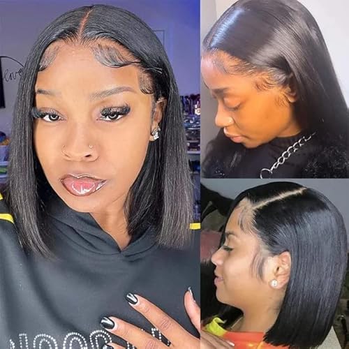 14 inch Short Bob Wigs 13x4 Frontal Bob Transparent Lace Front Wigs Human Hair Pre Plucked Brazilian Virgin Hair Wigs for Black Women Natural Black