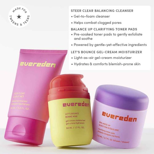 Evereden Pre-Teen Collection: Triple Green Tea Steer Clear Balancing Jelly Cleanser Face Wash, Let's Bounce Gel-Cream Face Moisturizer, & Balance Up Water-Based Toner Pads for Face