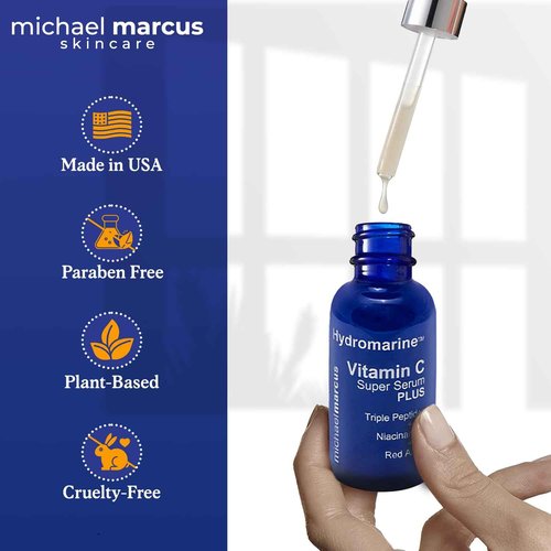 Michael Marcus Hydromarine™ Vitamin C Face Serum PLUS with Hyaluronic Acid & Triple Peptides - Reduce Dark Spots, Anti-Wrinkle, Anti-Aging, & Skin Brightening Vitamin C Serum - (30ml, 1 fl. oz)