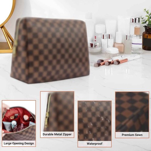 Butofinus Checkered Makeup Bag, Portable Leather Cosmetic Bag, 2 Pcs Waterproof Travel Toiletry Bag for Women