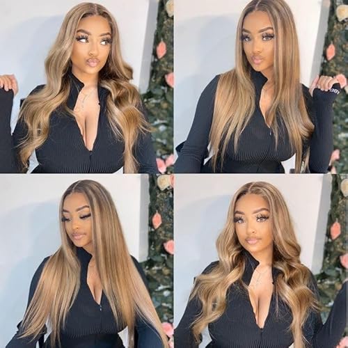 Straight Highlight Ombre Lace Front Wigs Human Hair 13x4 HD Transparent 4/27 Honey Blonde Lace Frontal Wigs Pre Plucked with Baby Hair 150% Density (22 inch, p4/27 Highlight)