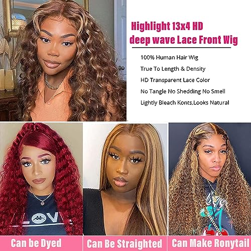 Highlight Ombre Lace Front Wig Human Hair 13x4 HD Honey Blonde 4/27 Deep Wave Lace Frontal Wigs Glueless Wigs Human Hair Pre Plucked with Baby 26 Inch