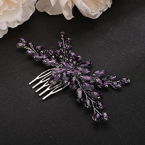 Teyglen Crystal Bride Wedding Hair Comb Hair Accessories With Rhinestone Bridal Crystal Hair Side Comb Handmade Red Blue Green Black Rhinestone Hair Pieces Vintage Headpieces for Women Girls (Purple)