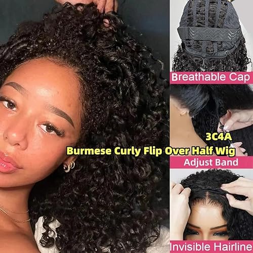 Half Wig Human Hair for Women 14 Inch Burmese Curly Glueless Clip-In Wigs 250% Density 3 IN 1 Half Wigs Flip Over Beginner Friendly Go Drawstring Wig No Glue No Sew Natural Color & Easy Install