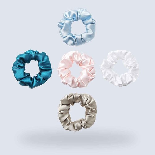 ZIMASILK 100% Mulberry Silk Hair Scrunchies, Best For Women And Girls’Hair, Elastic Hair Bands For Ponytail Holder Gentle And No Hurt (5 Pack, Light Blue, Pink, White, Taupe, Peacock Blue)