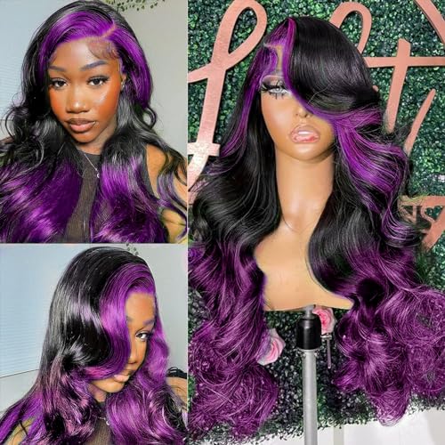 Skunk Stripe Wigs Human Hair Lace Front Purple Highlights Wig 13x4 HD Lace Front Wigs Dark Burgundy Highlight Body Wave Lace front Wig 150% Density Pre Plucked with Baby Hair 18 Inch