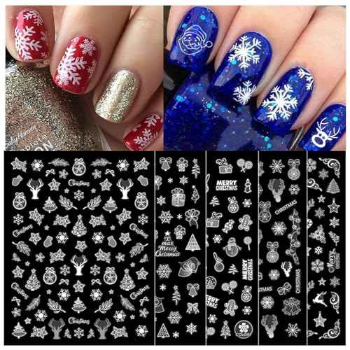 TailaiMei Christmas Nail Art Stickers Decals, Self-Adhesive White Nail Decorations Design for Santa Claus Snowflake Snowman (800 Pcs, 9Sheets)
