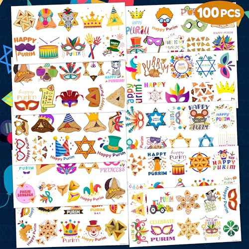 Cute Purim Temporary Tattoos 10 Sheets 100 PCS Happy Purim Party Decorations Favors Supplies Purim Theme Birthday Stickers Halloween Gifts for Boys Girls Kids Class School Prizes Carnival Christmas
