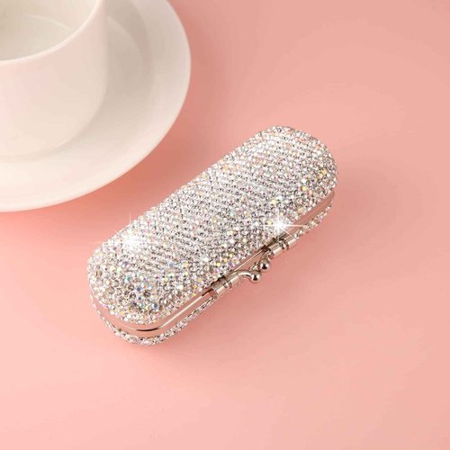 AsAlways Shiny Rhinestone Crystal Portable Lipstick Case with Mirror Portable Bling Diamonds Makeup Cosmetic Storage Holder for Travel Ladies Fashion (Silver)