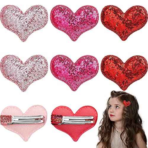 9 Piece Heart Hair Clips & Barrettes, Glitter Sequin Heart Hairpins for Girls in Three Colors, Valentine's Day Themed Party