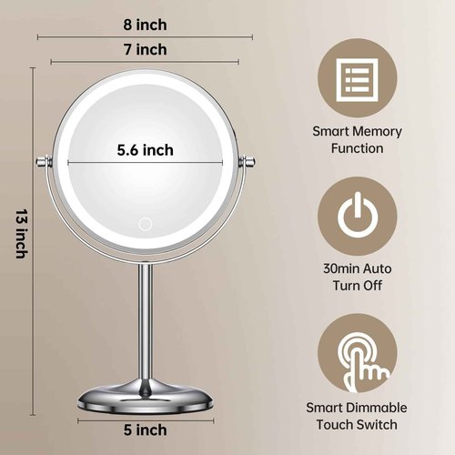 Gospire 7" Lighted Makeup Mirror with Magnification 10X/1X, Rechargeable Cordless Stepless Dimming LED Lights, 360° Swivel Magnifying Cosmetic Vanity Standing Mirror for Dresser, Bathroom