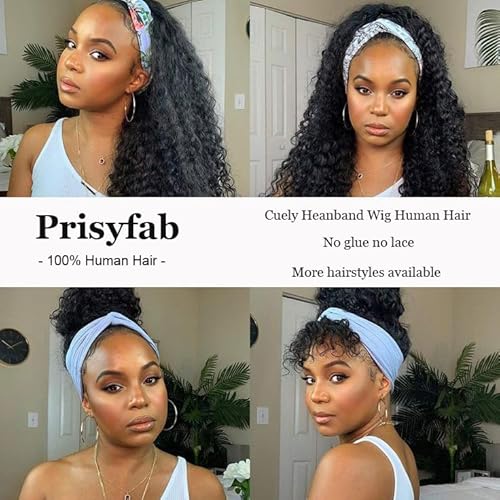 Curly Headband Wig Human Hair 20Inch Human Hair Headband Wig Glueless Wear and Go Human Hair Scarf None Lace Front Wigs 150% Density Natural Color