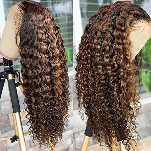 BLY Highlight Human Hair Lace Front Wigs Deep Wave #4/27 Ombre Colored Glueless Wigs Pre Plucked 16 Inch 4x4 Transparent Curly Water Wave Lace Wig Honey Blonde Real Human Hair 180% Density