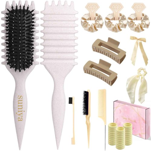 Curly Hair Brush,Curl Defining Brush,Slick Back Hair Brush,Rat Tail Comb,Edge Bristle Brush,Clip Claw,Bow,Satin Scrunchies,No Damage Hair Ties,Scarf Hair Ties,Gifts For Women,Best Gift Set(Ivory)