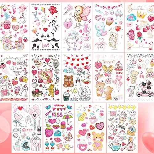 Glitter Valentines Day Tattoos Temporary Small Pack Body Decorations 14 Sheets for Kids and Adults, Love Heart Tattoos for Birthday Party, Valentines, Wedding, Gift Exchange, School Rewards