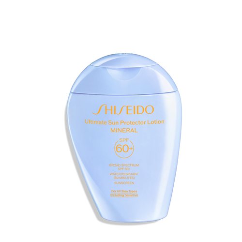 Shiseido Ultimate Sun Protector Lotion Mineral SPF 60+ - Sheer, Broad-Spectrum Sunscreen for Face & Body - Visibly Improves Fine Lines, Smoothness & Skin Tone - Fragrance Free, All Skin Types - 150 mL