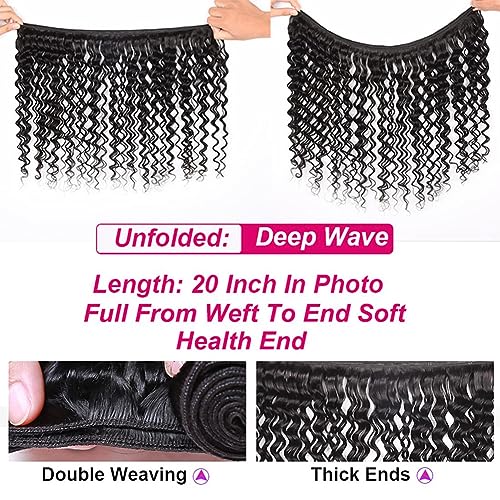 Deep Wave Bundles with Closure (12 14 16+10£¬Free Part) 100% Unprocessed Brazilian Virgin Hair Weave Bundles with Lace Closure Curly Virgin Human Hair Weft Natural Color for Black Women