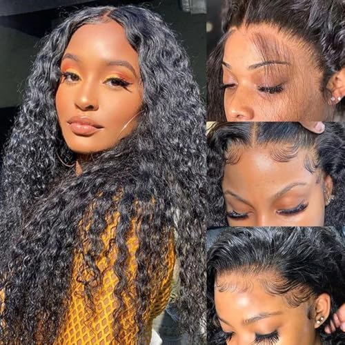 13x6 HD Lace Front Wigs Human Hair 180% Density Deep Wave Lace Front Wig Human Hair Pre Plucked Brazilian Virgin Curly Transparent Frontal Wigs Human Hair for Women 22 Inch