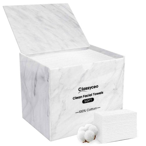 Classycoo Disposable Face Towel Holder, 50 PCS XL Clean Towels Included, Marble Acrylic Container Box for Clean Skin Club, Cotton Facial Wipes Odor-Free for Sensitive-Skin,Bathroom Cosmetic Storage