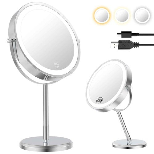 Erlingeryi 7” Magnifying Mirror with Lights,1X/10X Double Sided Lighted Makeup Mirror with Magnification, Rechargeable Battery, Dimmable, 3 Lighting Colors, Chrome