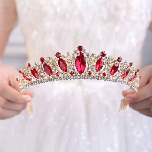 Wekicici Red Crystal Tiara with Comb Wedding Red Crown Princess Queen Headband for Brides Hair Accessories for Women Halloween Birthday Costume Party Pageant