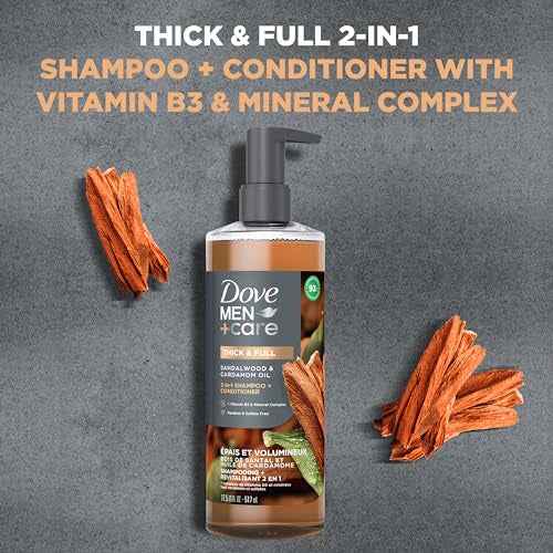 DOVE MEN + CARE 2-in-1 Shampoo + Conditioner Sandalwood & Cardamom Oil for Thick & Full Hair, + Vitamin B3 & Mineral Complex, 17.5 oz